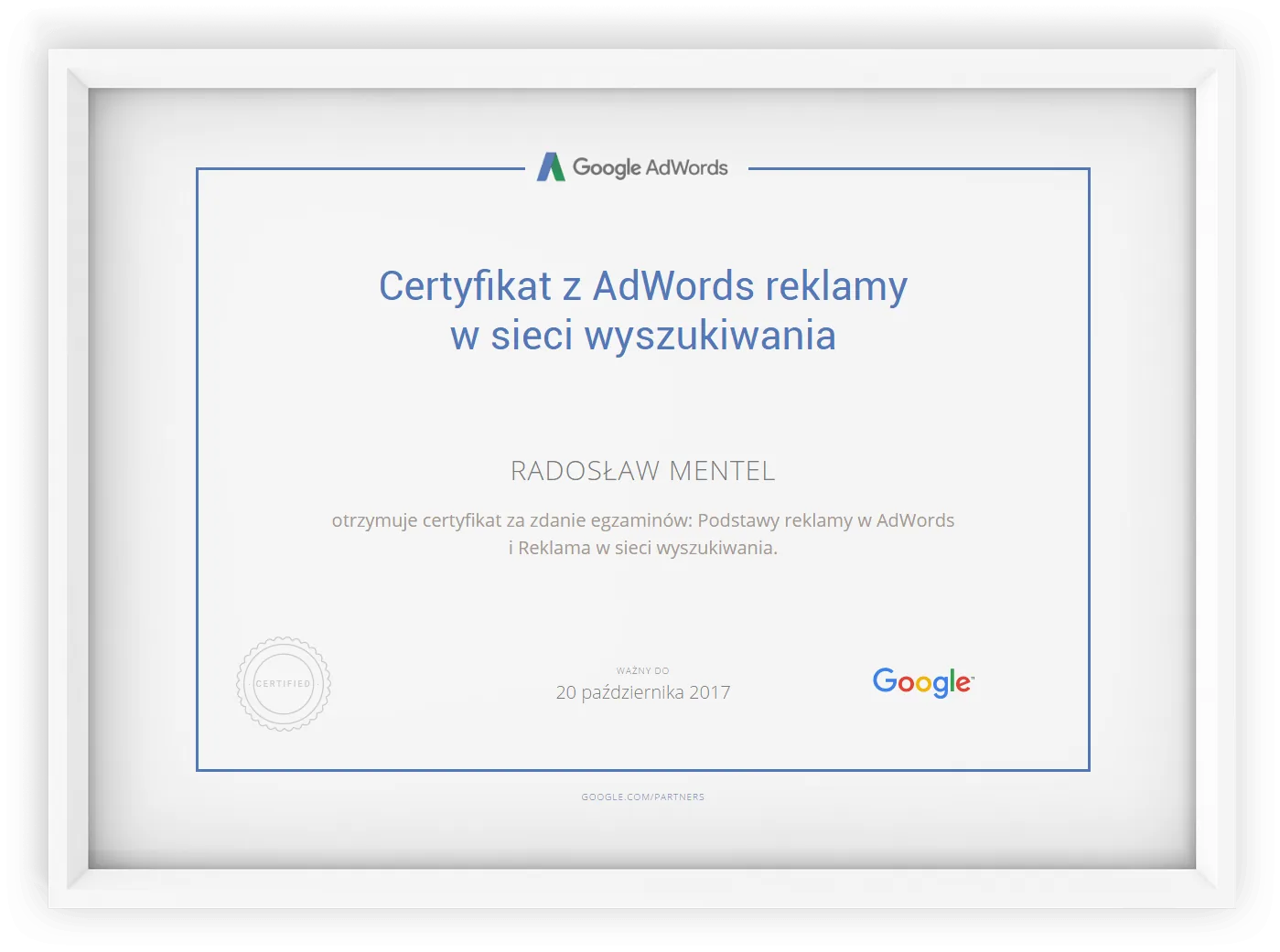 Google certificate - Google Ads - Search Network, Radosław Mentel