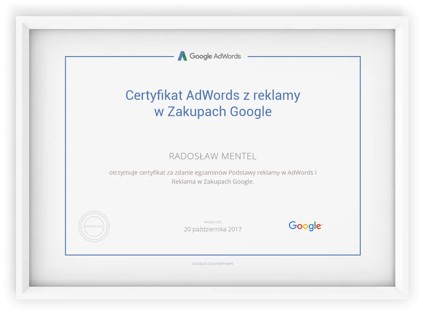 Google certificate - Google Ads - Google Shopping, Radosław Mentel