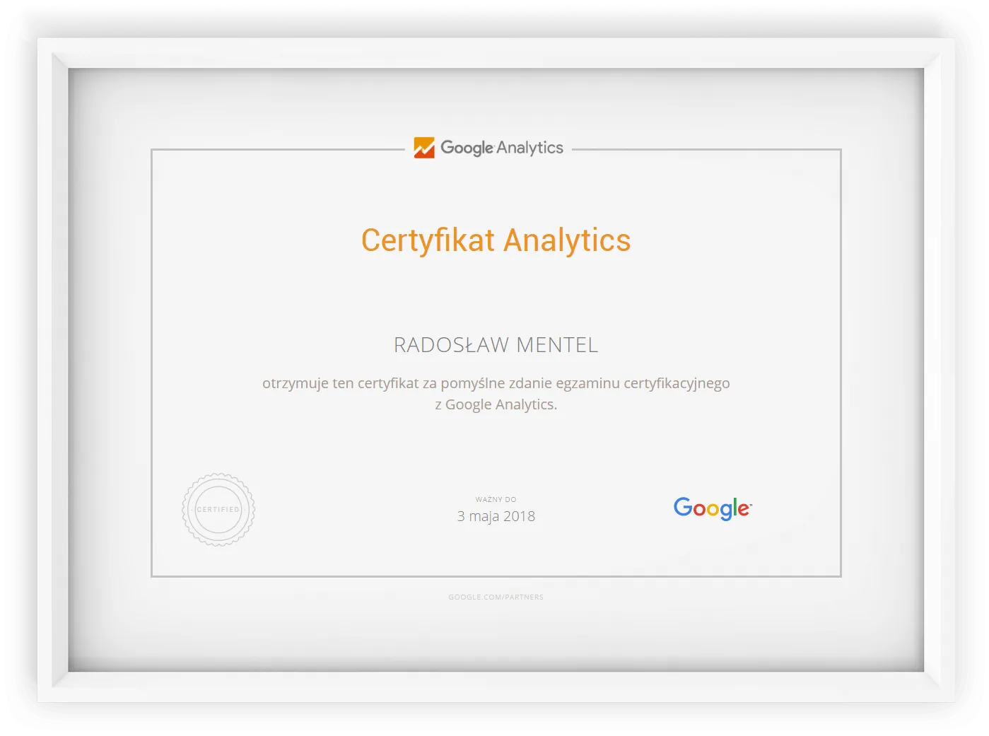Google certificate - Google Analytics, Radosław Mentel