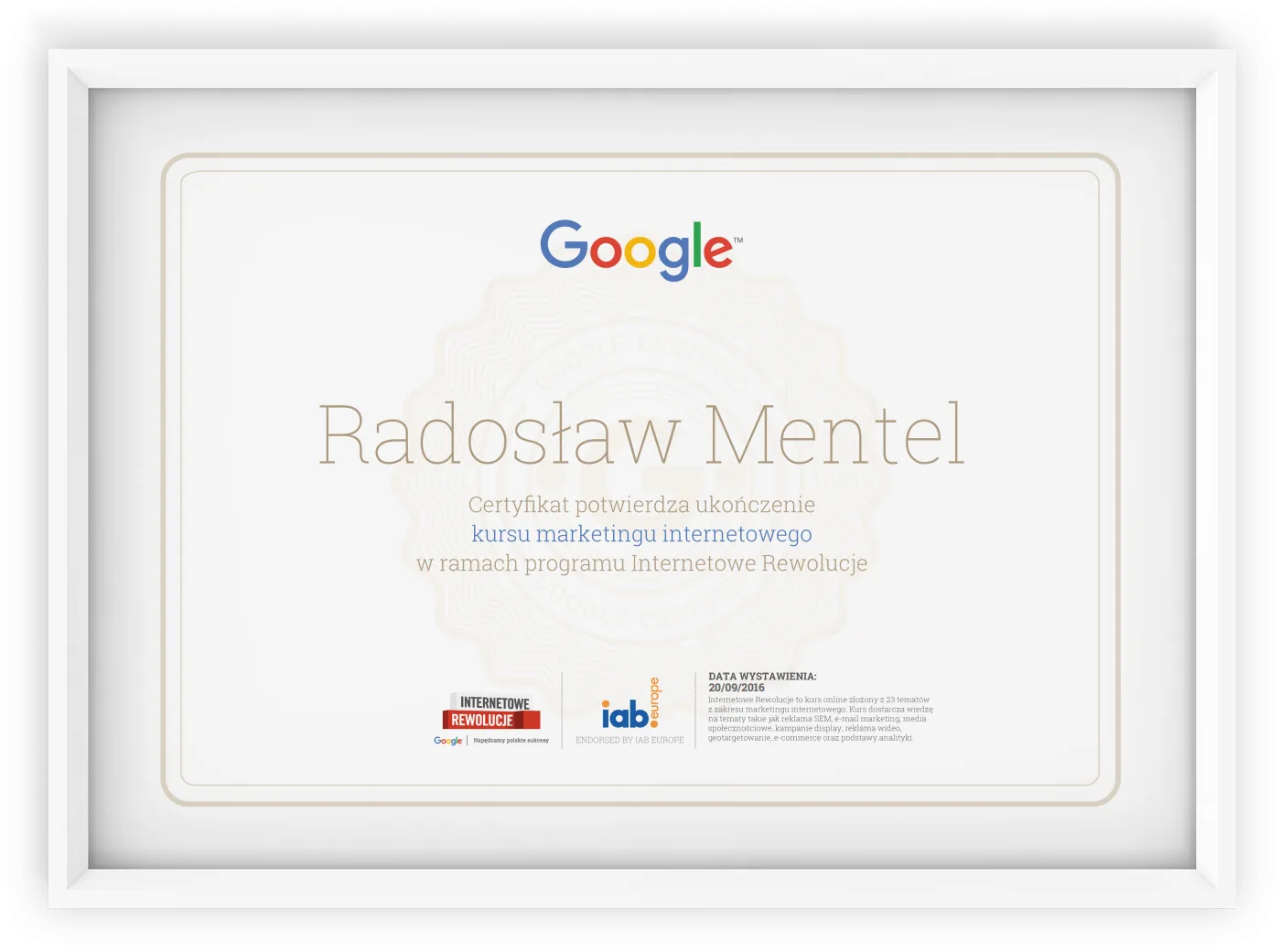 Google certificate - Google Online Marketing Challenge / Course, Radosław Mentel